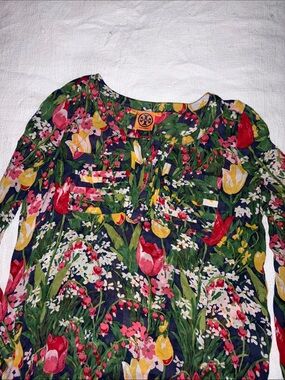 Tory Burch Navy Floral Tulip Print Long Sleeve Blouse